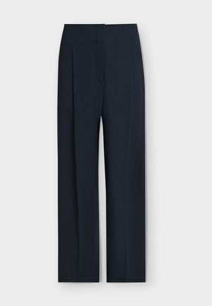Pantalon formel bleu marine foncé à coupe droite, plis devant et poches latérales, présenté sur un fond clair uni.