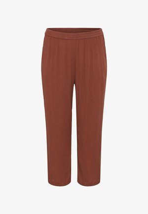 Pantalones marrones de cintura elástica y pernera recta, de ajuste holgado y diseño sencillo, recortados a la longitud del tobillo.