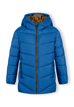 Giubbino blu imbottito con cappuccio, caratterizzato da un design trapuntato diagonale, zip frontale, tasche laterali e fodera marrone a contrasto.