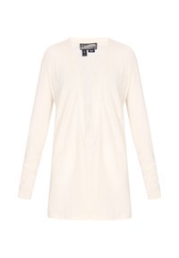 Crème kleurige cardigan met lange mouwen, open voorkant en een ontspannen pasvorm. Gemaakt van zacht materiaal zonder zichtbare patronen of versieringen.