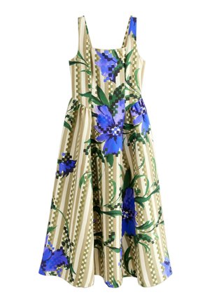 Ærmeløs beige kjole med lodrette ternede striber, med store blå og grønne blomsterprint og en figursyet overdel med en udvidet nederdel.