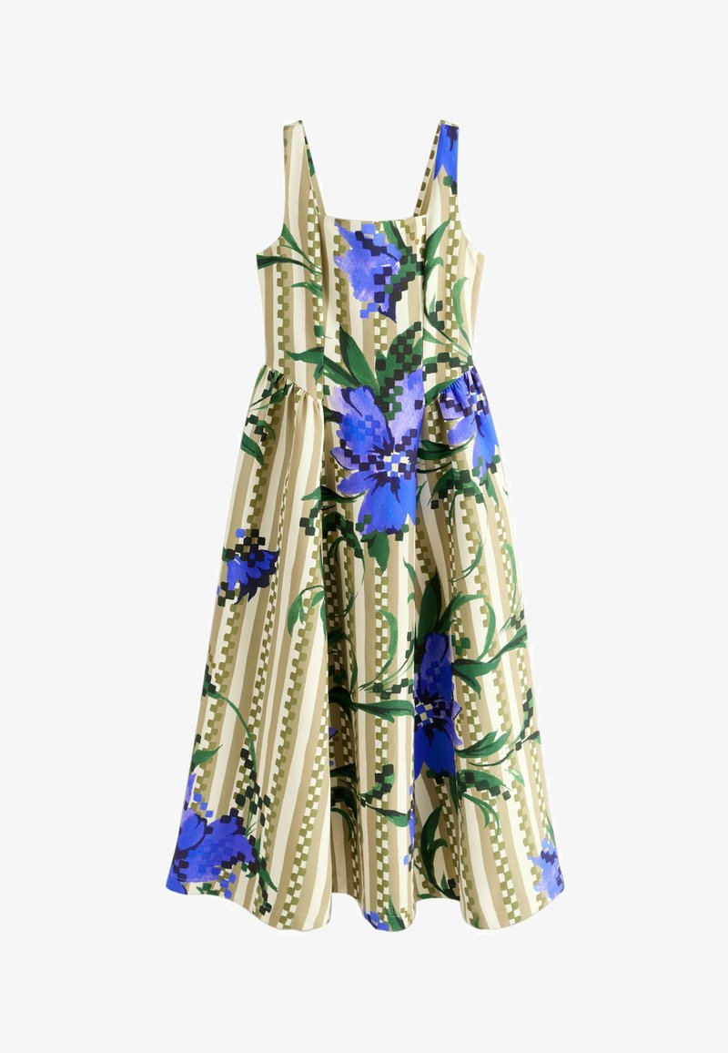 Robe sans manches beige à rayures verticales à carreaux, ornée de grandes impressions florales bleues et vertes, avec un corsage ajusté et une jupe évasée.