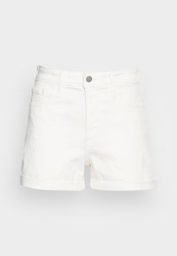 Calções de ganga brancos com uma cintura ajustada, barras dobradas, bolsos frontais e fecho com botão de metal. Textura suave e tecido resistente.