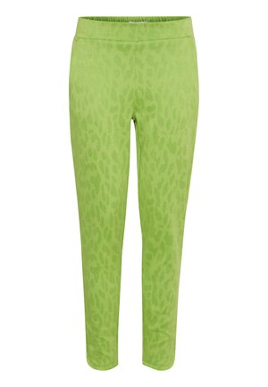 Green leggings with a subtle leopard print pattern. Made of soft material, featuring a comfortable elastic waistband and tapered design.