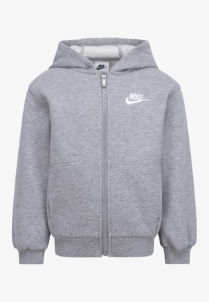 Grauer Kapuzenpullover mit Reißverschluss, vorne Taschen, gerippte Bündchen und Saum, weißes Nike-Logo auf der Brust und angenähte Kapuze.