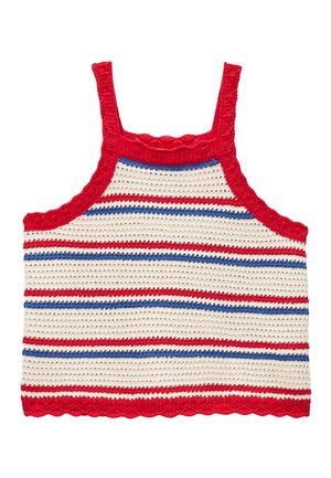 Haut sans manches au crochet avec des rayures horizontales rouges, blanches et bleues, et un bord rouge sur les bretelles, le col et l'ourlet.