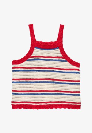 Haut sans manches au crochet avec des rayures horizontales rouges, blanches et bleues, et un bord rouge sur les bretelles, le col et l'ourlet.
