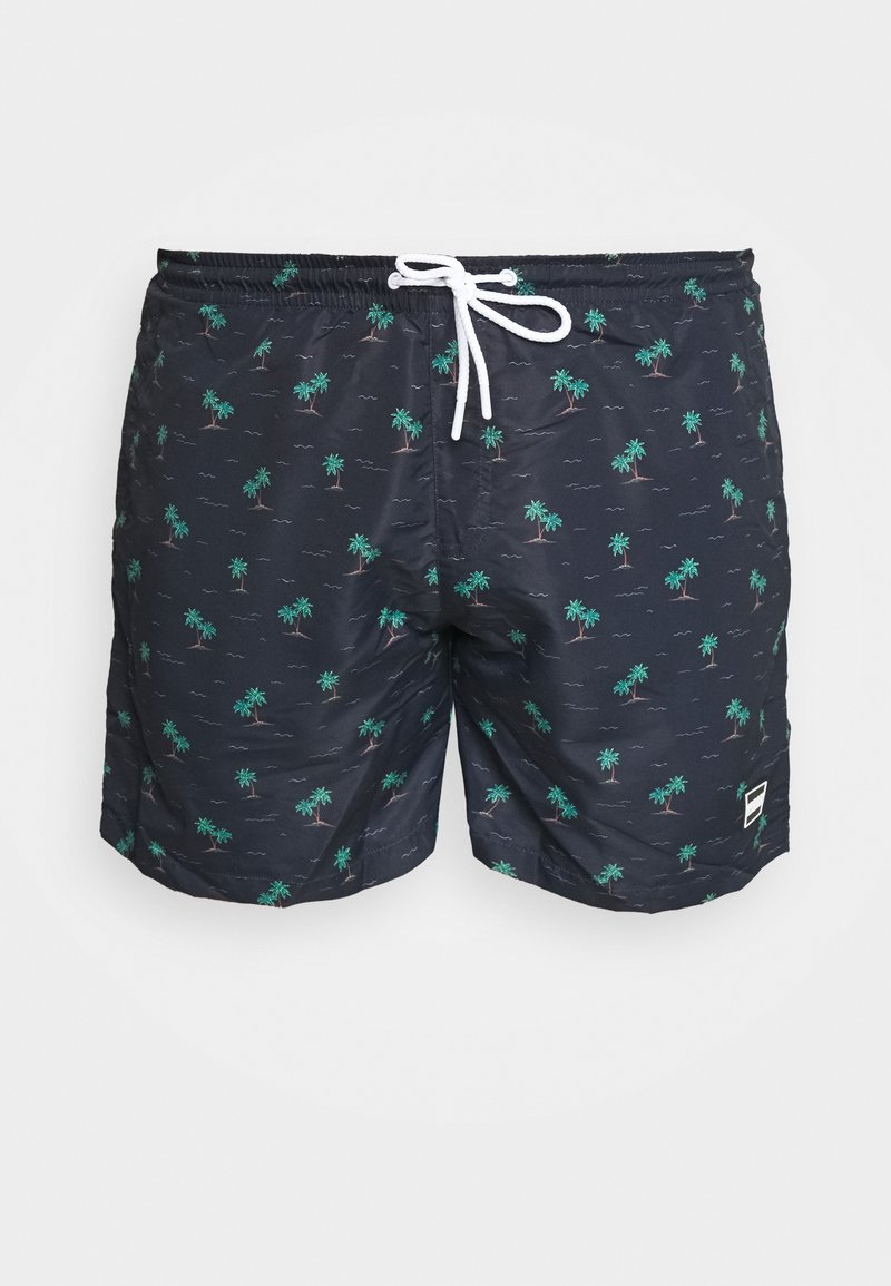 Shorts da nuoto neri con un motivo di palme verdi. Presentano un elastico in vita con un laccio bianco. Materiale leggero.