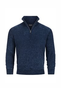 Marineblå ribbet quarter-zip sweater med lange ærmer, der har en glat tekstur og en subtil glans. Lynlås ved kraven for justerbar pasform.