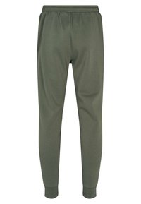 Pantaloni da tuta color verde oliva con taglio affusolato, vita e polsini elasticizzati, mostrati da dietro su sfondo bianco.