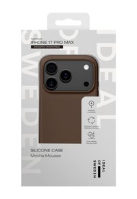 Brun silikon-fodral för iPhone 17 Pro Max med trippelkamerautskärning, MagSafe-kompatibelt, tillverkat av återvunna material och falltestat från 2 meter.