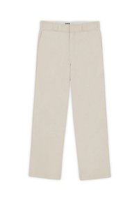 Beige Hose mit geradem Bein, ausgestattet mit zwei Seitentaschen und einer glatten, matten Textur. Keine sichtbaren Muster oder Akzente.