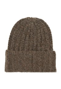 Brown knitted wool beanie hat with a ribbed pattern and folded cuff, designed for cold weather.