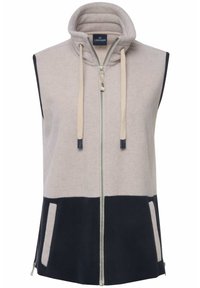 Gilet senza maniche in grigio chiaro e blu navy, realizzato in materiale morbido. Presenta un colletto alto, una zip frontale e due tasche sul bordo.