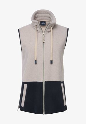 Sleeveless vest in light gray and navy, crafted from soft material. Features a high collar, front zipper, and two pockets at the hem.