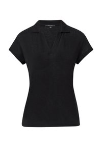 Czarny polo z krótkim rękawem i dekoltem w serek, wykonany z miękkiej tkaniny. Charakteryzuje się prostym wzorem i luźnym krojem. Brak widocznych wzorów lub akcentów.