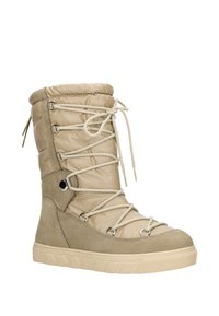 Beige winterboot met een gewatteerde nylon bovenkant, suède accenten en ronde veters. Voorzien van een gestructureerde rubberen zool en een zijrits.