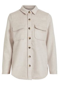 Beige skjorte med knapper lavet af blødt stof, med krave, to brystlommer og brune knapper, lange ærmer og en buet kant.