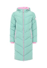 Langer, türkisfarbener, gepolsterter Wintermantel mit Kapuze, pinkem Reißverschluss, pinken Taschenverzierungen und pinkem Innenfutter, entworfen für Mädchen.