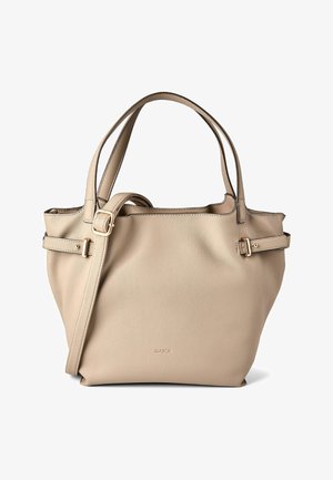 Sac à main en cuir beige avec deux anses d'épaule, détails de boucle réglables sur les côtés, et nom de la marque discrètement embossé à l'avant.