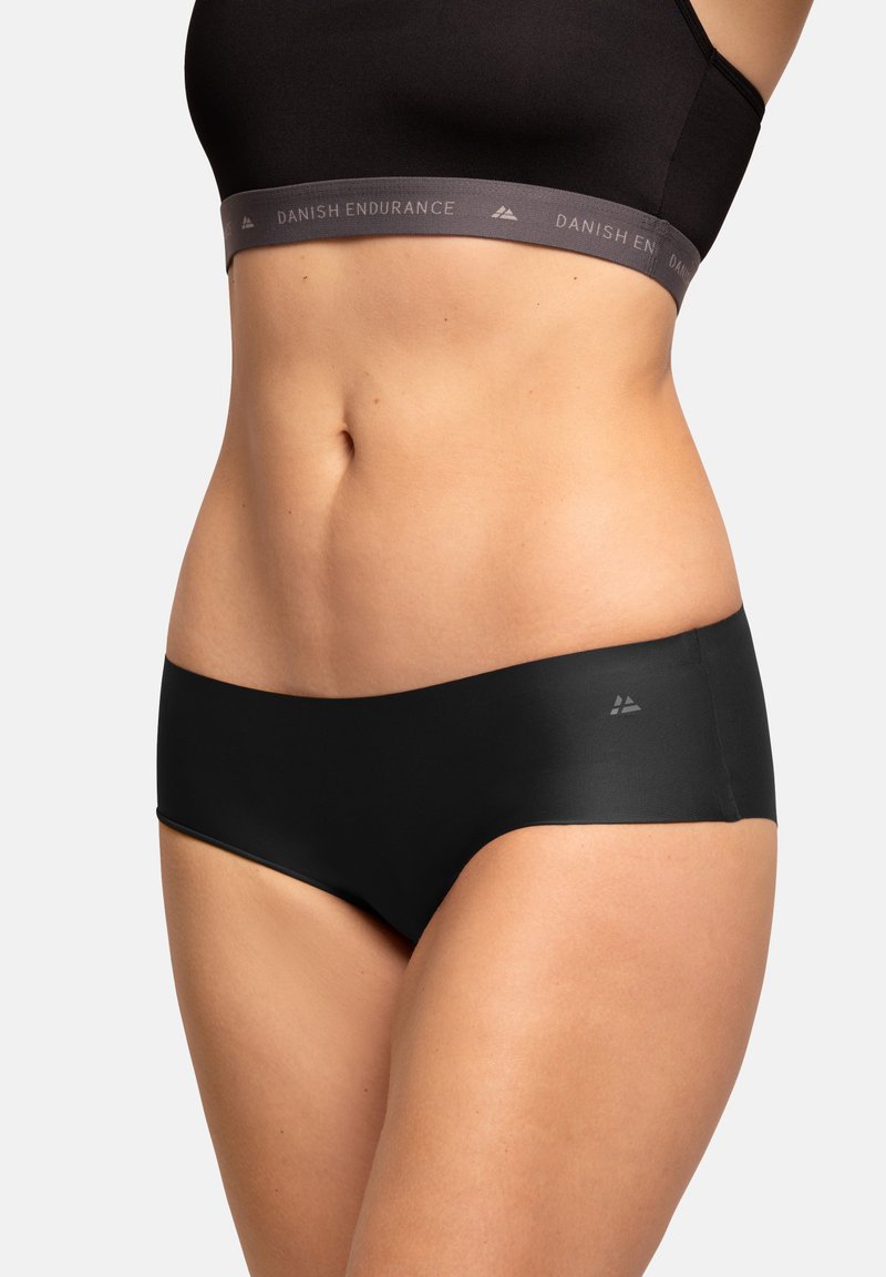 Mutande nere a vita media senza cuciture, con una texture liscia e una cintura elasticizzata grigia con il marchio "Danish Endurance".