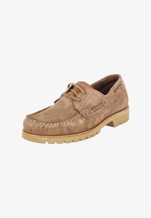 Bruine suède veterboot met beige robuuste zool en gestikte details rondom de neus en zijkanten.
