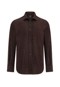 Brun kordflorskjorta med knappar, långa ärmar, spetsig krage, sex svarta knappar framtill, strukturerad tyg med subtila åsar.