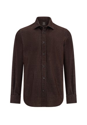 Brązowa koszula z dżinsu z guzikami, długie rękawy, spiczasty kołnierzyk, sześć czarnych guzików na przodzie, teksturowany materiał z delikatnymi żebrami.