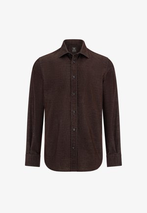 Brązowa koszula z dżinsu z guzikami, długie rękawy, spiczasty kołnierzyk, sześć czarnych guzików na przodzie, teksturowany materiał z delikatnymi żebrami.