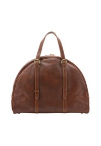 Bruin leren reistas met een afgeronde vorm, dubbele handgrepen bovenaan en gouden hardwareaccenten. Kenmerkt zich door gestikte details en een ritssluiting.