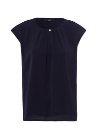 Blusa blu navy realizzata in tessuto leggero, con scollatura rotonda, maniche corte e un piccolo plissè con dettaglio di bottone davanti.