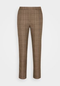Pantalon à carreaux marron avec une coupe slim, une texture lisse et une taille mi-haute, présentant des motifs de carreaux discrets sur l'ensemble.