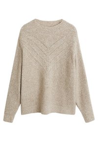 Beige gestrickter Pullover mit Rundhalsausschnitt, der ein strukturiertes vertikales Rippmuster und dekorative Chevron-Details auf der oberen Vorderseite aufweist.