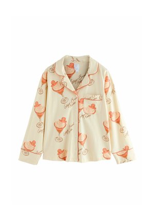 Light beige pajama shirt with long sleeves. Features a repeated print of ice cream desserts in orange, outlined in contrasting red piping.