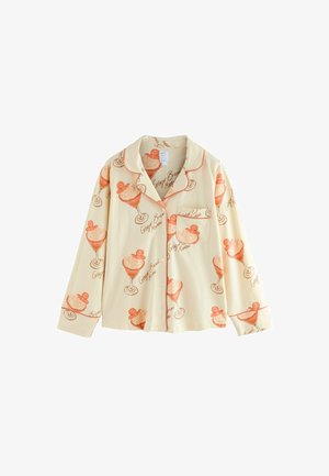 Light beige pajama shirt with long sleeves. Features a repeated print of ice cream desserts in orange, outlined in contrasting red piping.