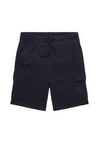 Námořnické modré cargo šortky s předními kapsami, postranními klopovými kapsami, elastickým pasem a černou šňůrkou na stažení.