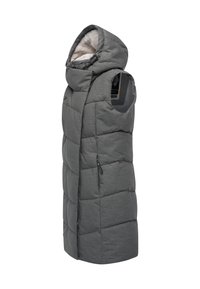 Siva obložena telovnik z visokim ovratnikom in kapuco. Ima zadrgo, stranske žepe in teksturirano tkanino.