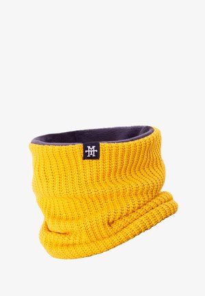 Yellow knit cowl with textured pattern and soft purple lining. Features a small black logo label. Flexible, tubular design.