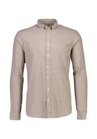Camicia beige a maniche lunghe con bottoni, realizzata in tessuto strutturato, con colletto, bottoni sul davanti e polsini con un solo bottone.