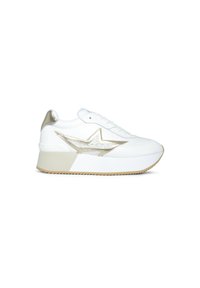 Sneaker bianchi con accenti dorati, design a stella, tomaia in pelle liscia, chiusura con lacci e suola in gomma a piattaforma con battistrada testurizzato.