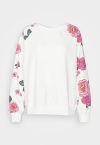 Felpa bianca con motivi floreali rosa sulle maniche, con scollo rotondo e polsini a costine. Tessuto morbido, design casual.