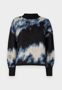 Strickpullover mit welligem Muster in Schwarz, Blau und Creme, mit Rippkragen und elastischen Bündchen, leicht übergroßer Schnitt.