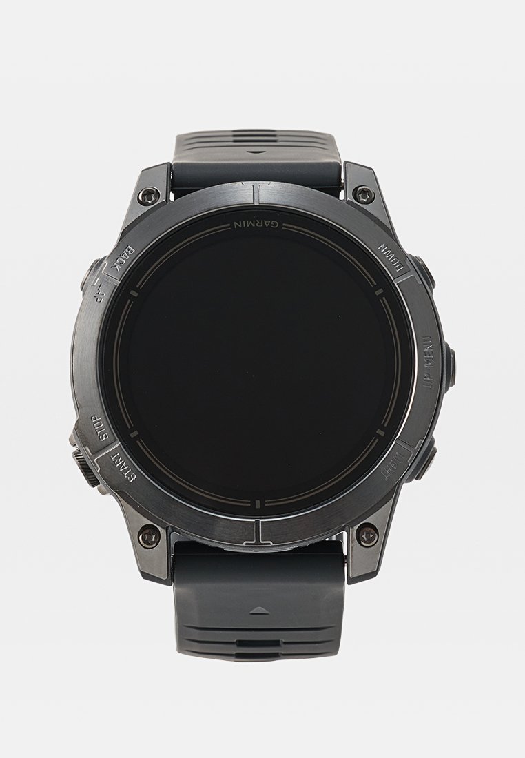 Orologio smartwatch Garmin nero con cassa rotonda, lunetta in acciaio inossidabile e cinturino in gomma testurizzata. Non mostra informazioni sullo schermo.