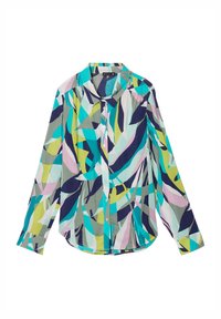 Bunt bedrucktes Langarmhemd mit einem abstrakten Blättermuster in Türkis, Marineblau, Pink und Grün. Das Material wirkt leicht und hat einen kragenbezogenen Ausschnitt.