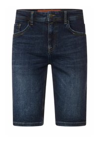 Pantalones cortos de mezclilla en azul oscuro con corte recto, cinco bolsillos y detalles de costura amarilla. Presenta un cierre de botón y trabillas para cinturón.