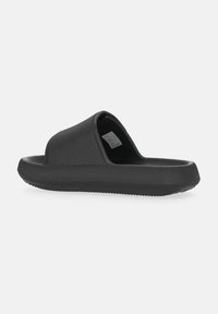 Black slide sandal with a textured upper, cushioned sole, and open back design. Features a smooth finish and non-slip sole for grip.