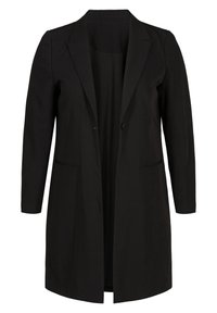 Blazer noir à manches longues, tissu léger, devant ouvert, col à revers, deux poches latérales et coutures minimales pour une finition épurée.