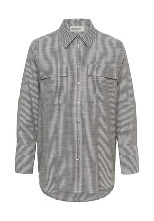 Gray long-sleeve button-up shirt with white vertical stripes, two chest pockets with flaps, and a pointed collar.