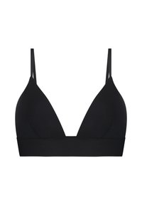 Bralette a triangolo nero con spalline sottili regolabili, tessuto liscio e una fascia larga alla base. Senza imbottitura né ferretto.