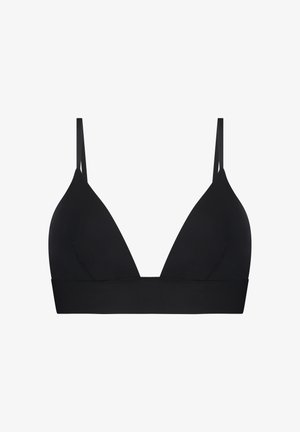 Bralette triangle noir avec des bretelles fines réglables, en tissu lisse et une large bande à la base. Sans rembourrage ni armature.